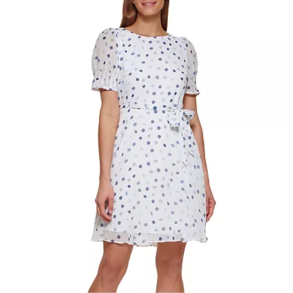 DKNY Dot Printed Puff-Sleeve Fit & Flare Dress